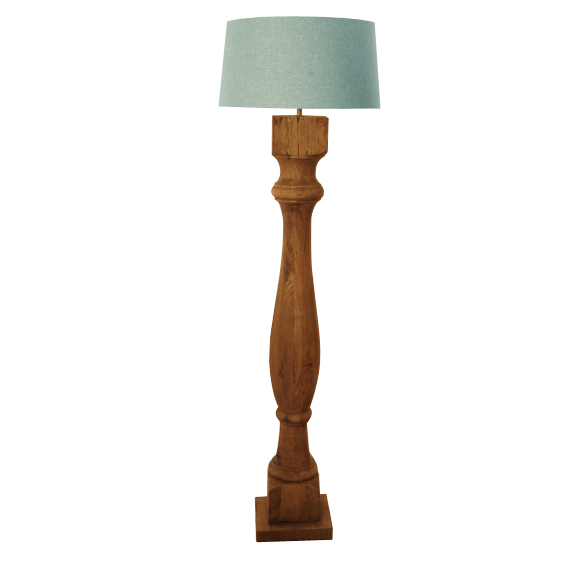 Lampadaire antique bois abat jour bleu glacé